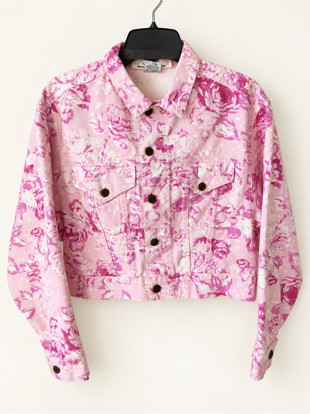 Vintage 80s Bongo Pink Floral Cropped Denim Jacket USA Size L